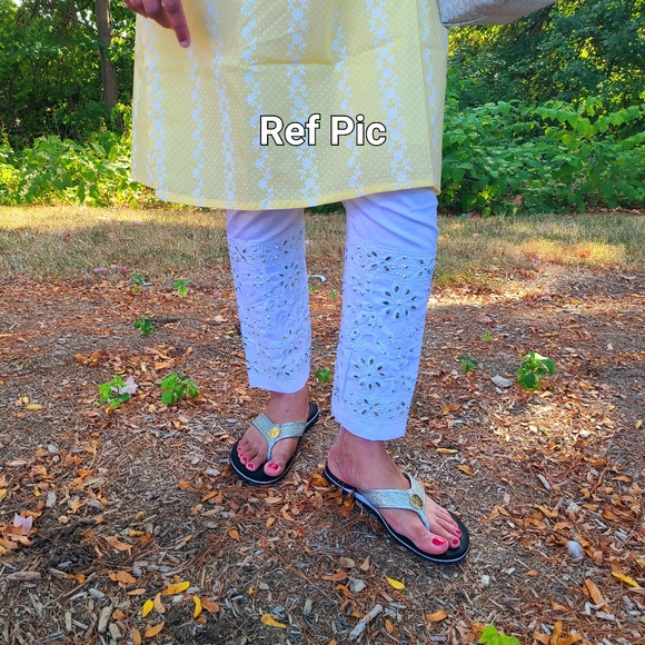 New White embroidered ankle pants with hand cut mirror work with drawstring - Picture 9 of 10